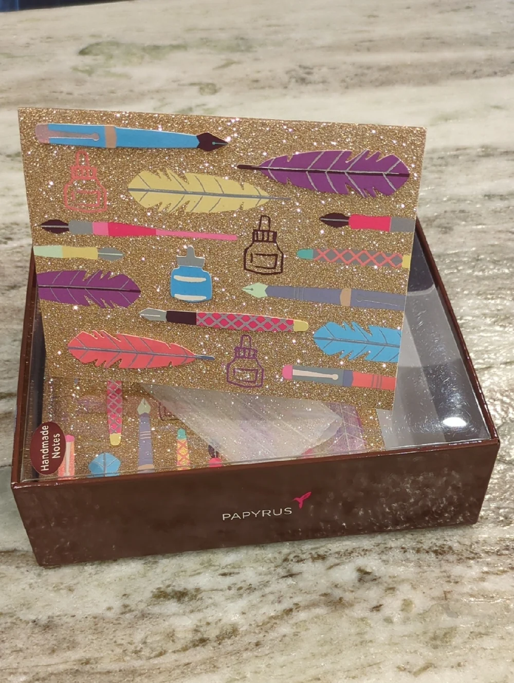 Papyrus Handmade Glitter Feather & Pen Note Cards